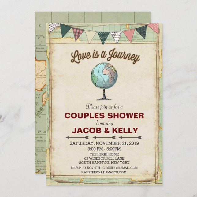 Vintage Globe Travel Couples Shower Invitation (Front/Back)