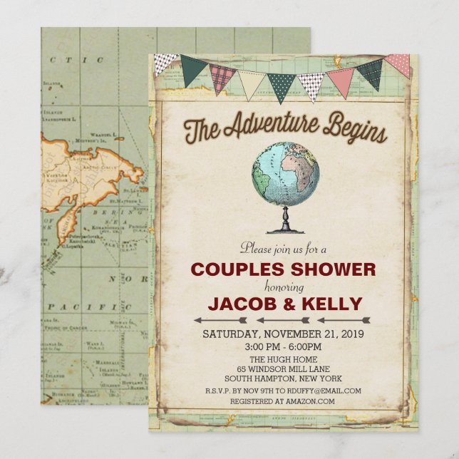 Vintage Globe Travel Couples Shower Invitation (Front/Back)