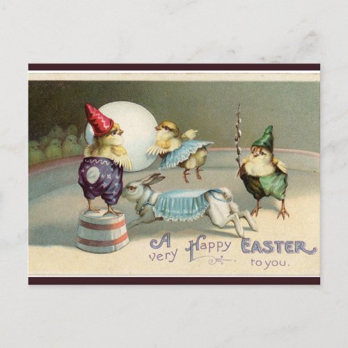 Vintage Gnome Chick and Bunny Circus Easter Postcard