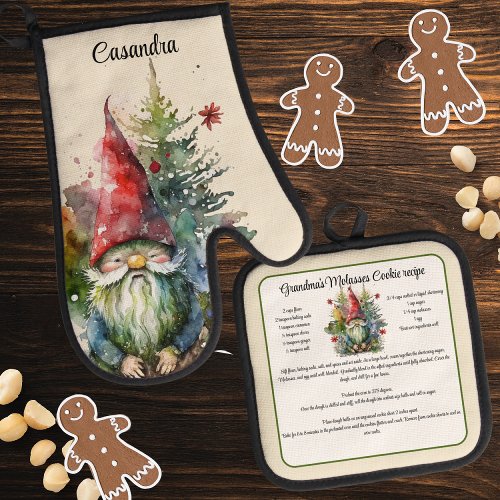 Vintage Gnome Christmas Recipe keepsake  Cookies  Oven Mitt  Pot Holder Set