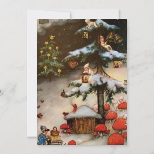 Vintage Gnome Pixies In Tree  Mushroom Holiday Card