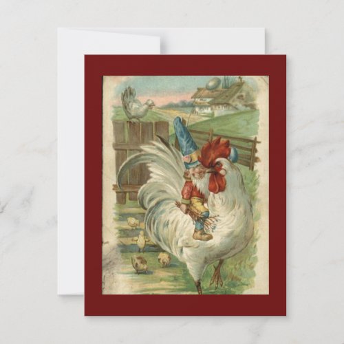 Vintage Gnome Rides Rooster Fantasy Holiday Card