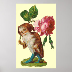 Vintage Gnome With A Pink Rose Poster Print