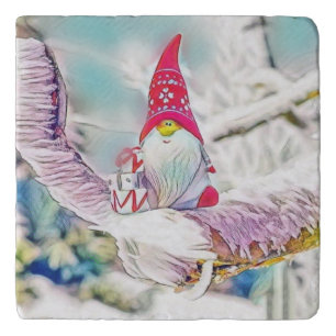 Vintage gnome with red hat in tree watercolor trivet