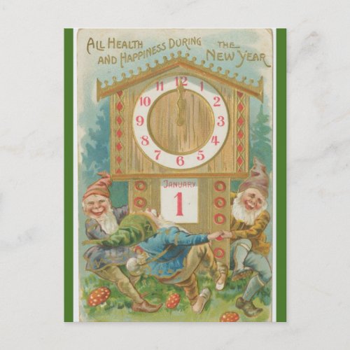 Vintage Gnomes Around a Clock Happy New Year Postcard