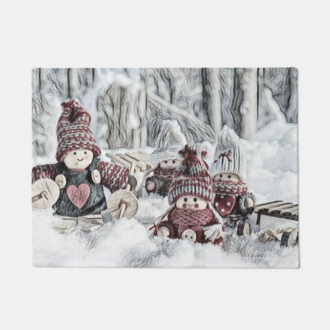 Vintage Gnomes in the snow drawing  Doormat (Front)