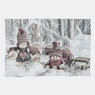 Vintage Gnomes in the snow drawing Kitchen Towel
