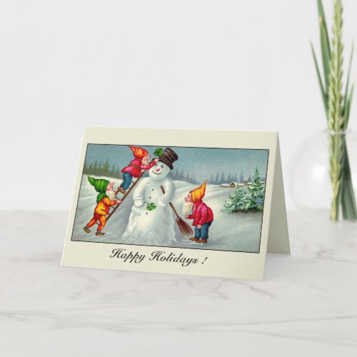 Vintage gnomes snowman seasons greetings holiday card