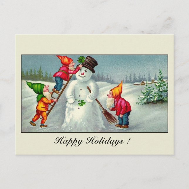 Vintage gnomes snowman season's greetings holiday postcard (Front)