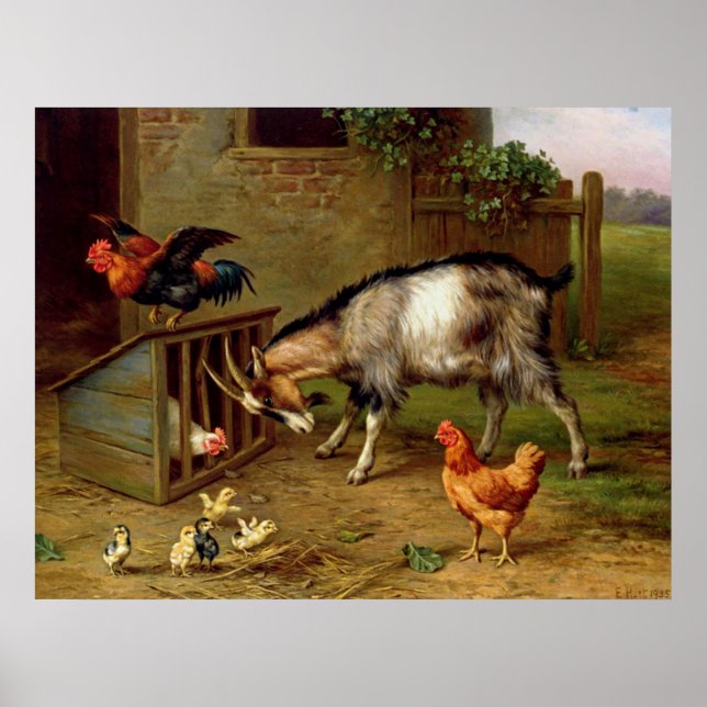 Vintage Goats Rooster And Chickens Farm Animals Poster (Front)