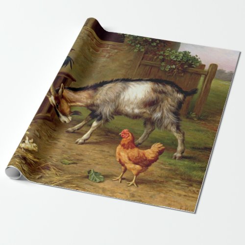 Vintage Goats Rooster And Chickens Farm Animals Wrapping Paper