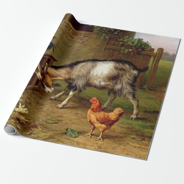 Vintage Goats Rooster And Chickens Farm Animals Wrapping Paper (Unrolled)