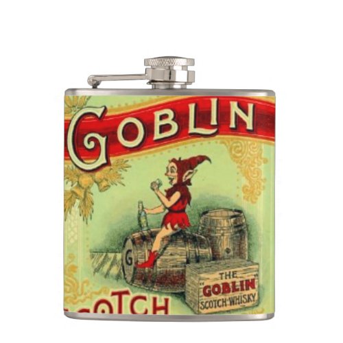 Vintage Goblin Elf Gnome Whiskey Label Hip Flask