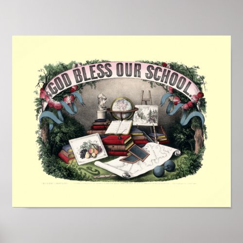 Vintage God Bless Our School by Currier  Ives Poster