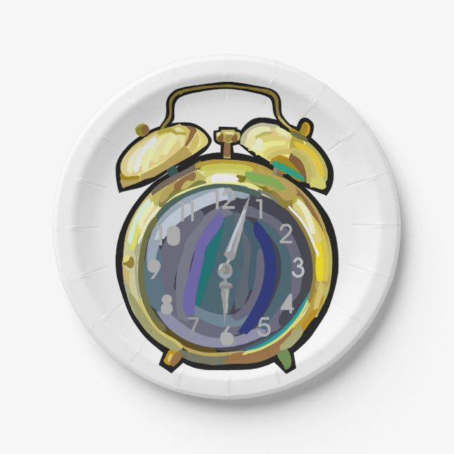 Vintage Gold Alarm Clock Retro Timepiece  Paper Plates (Front)