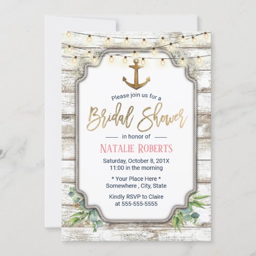 Vintage Gold Anchor Rustic Wood Bridal Shower Invitation