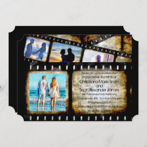 Vintage Gold and Black Film Strip Watercolor Invitation