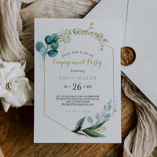 Vintage Gold and Green Eucalyptus Engagement Party Invitation