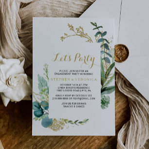 Vintage Gold and Green Eucalyptus Let's Party Invitation
