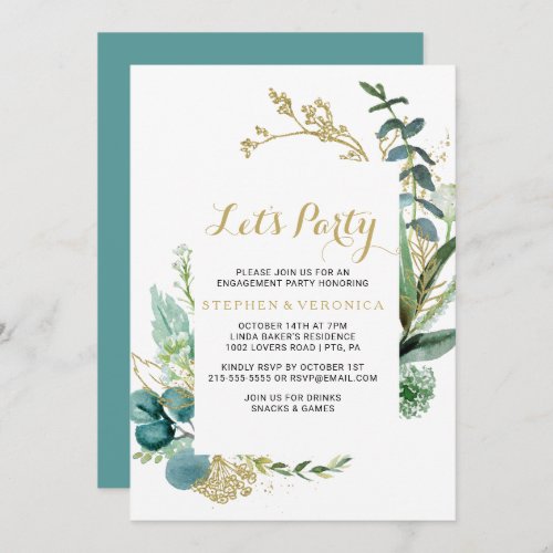 Vintage Gold and Green Eucalyptus Lets Party Invitation