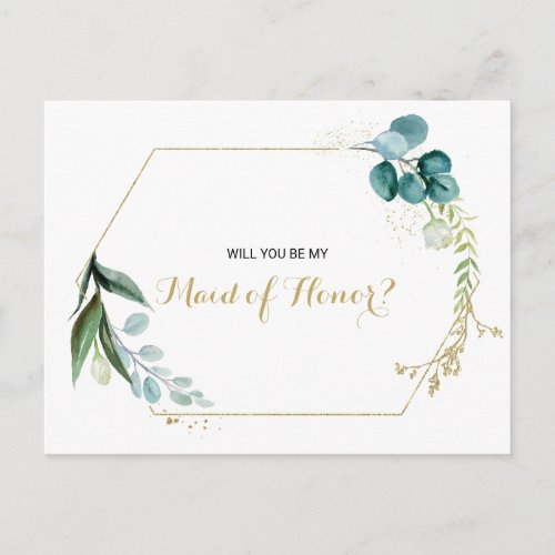 Vintage Gold and Green Eucalyptus Maid of Honor Invitation Postcard