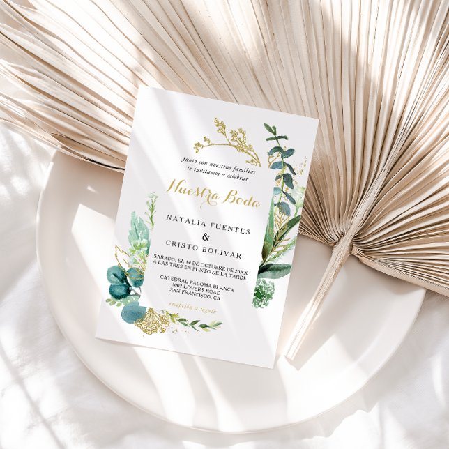 Vintage Gold and Green Eucalyptus Spanish Wedding Invitation (Creator Uploaded)