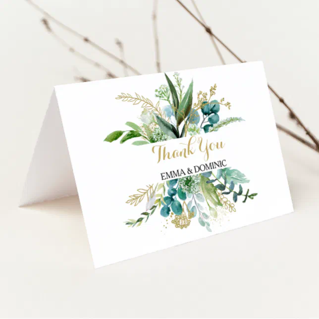 Vintage Gold and Green Eucalyptus Thank You Card | Zazzle