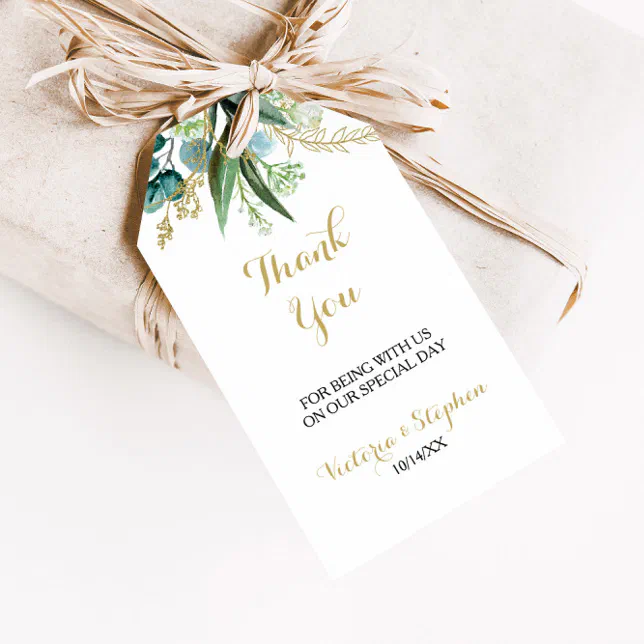 Vintage Gold and Green Eucalyptus Thank You Gift Tags | Zazzle