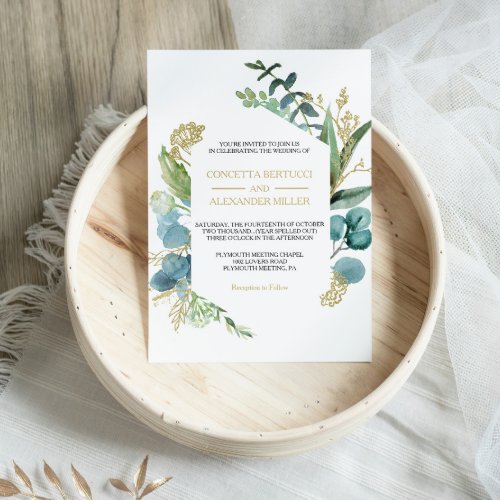 Vintage Gold and Green Eucalyptus wedding Invitation