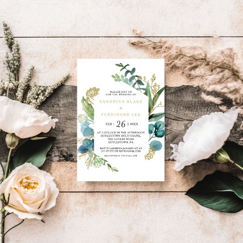Vintage Gold and Green Eucalyptus Wedding Invitation