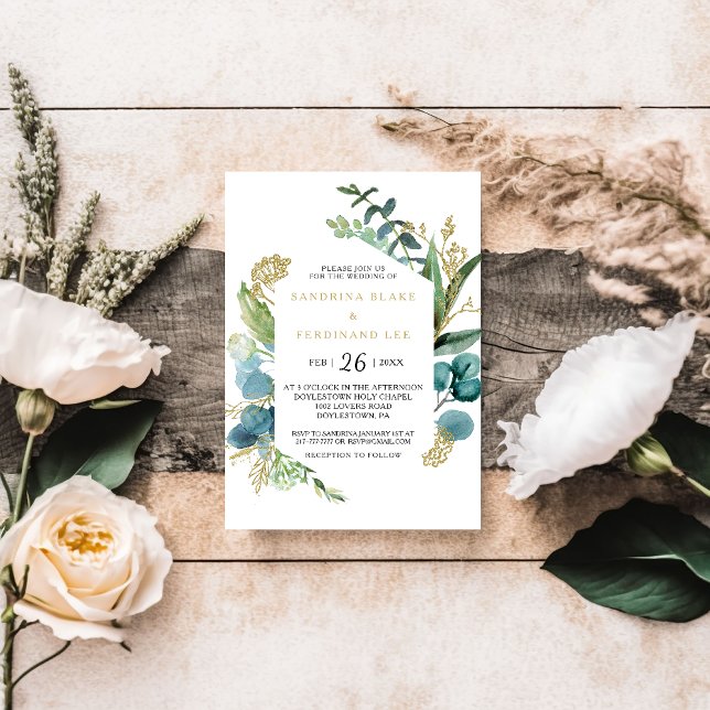 Vintage Gold and Green Eucalyptus Wedding Invitation (Creator Uploaded)