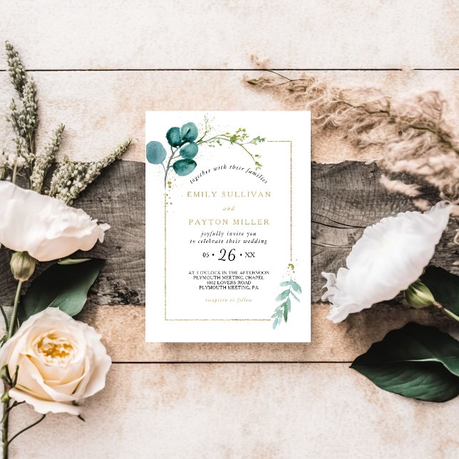 Vintage Gold and Green Eucalyptus Wedding Invitation (Creator Uploaded)