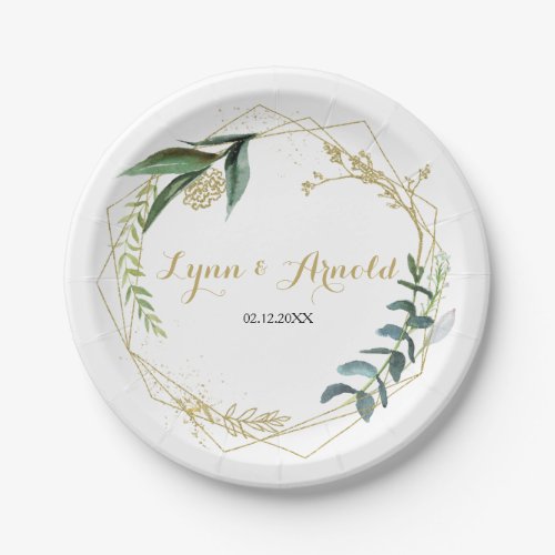 Vintage Gold and Green Eucalyptus Wedding Paper Plates