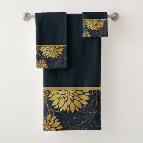 Vintage Gold and Indigo Watercolor Floral Bath Towel Set