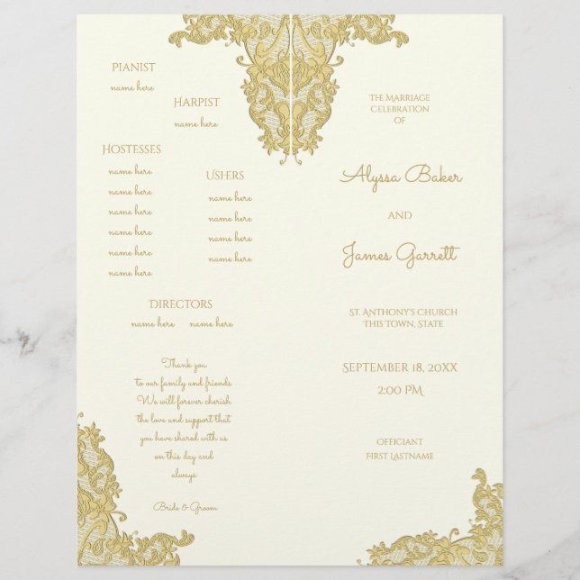 Vintage Gold and Ivory Wedding Program (Front)