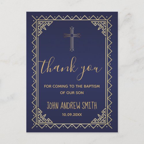 Vintage Gold And Navy Baptism Thank You Postcard