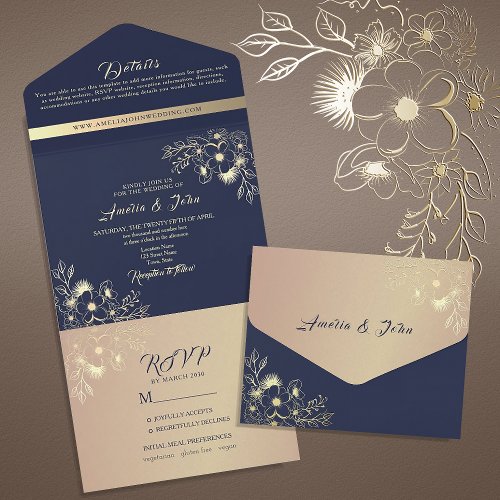 Vintage Gold and Navy Blue Wedding All In One Invitation