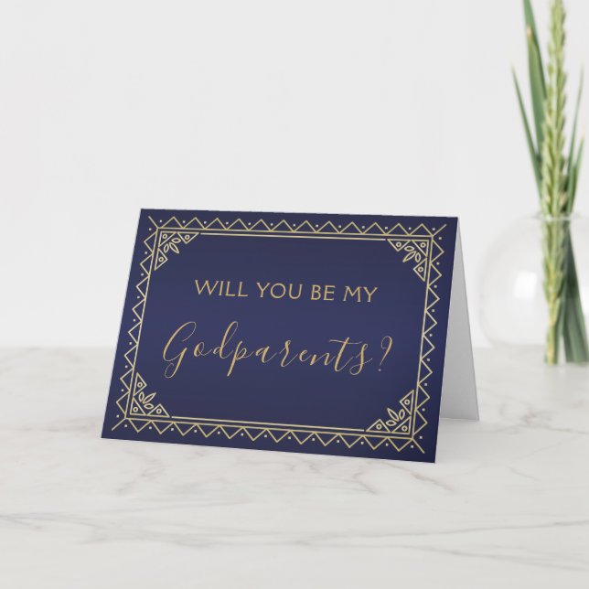 Vintage Gold And Navy Godparents Proposal Card (Front)