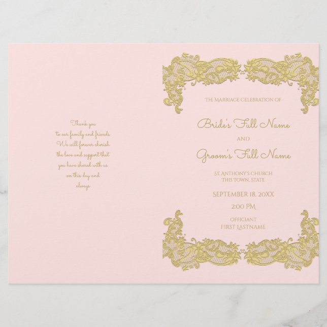 Vintage Gold and Pink Wedding Program (Front)