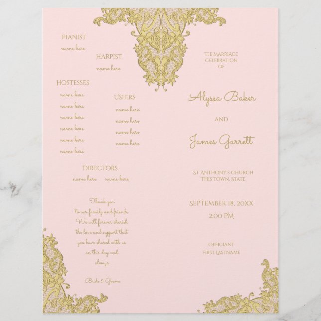 Vintage Gold and Pink Wedding Program (Front)