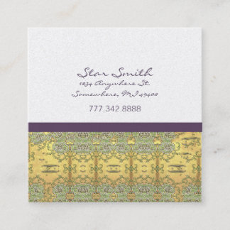 Vintage Gold and Purple Swirly Floral Pattern Square Business Card