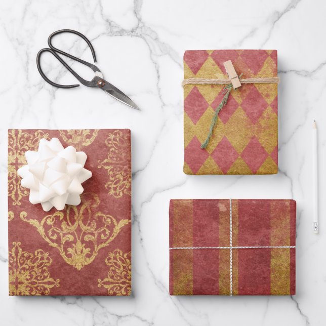 Vintage Gold and Red Wrapping Paper Set (3) (Front)