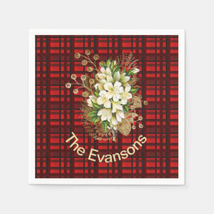 Vintage Gold and White Bouquet on Christmas Plaid Napkins