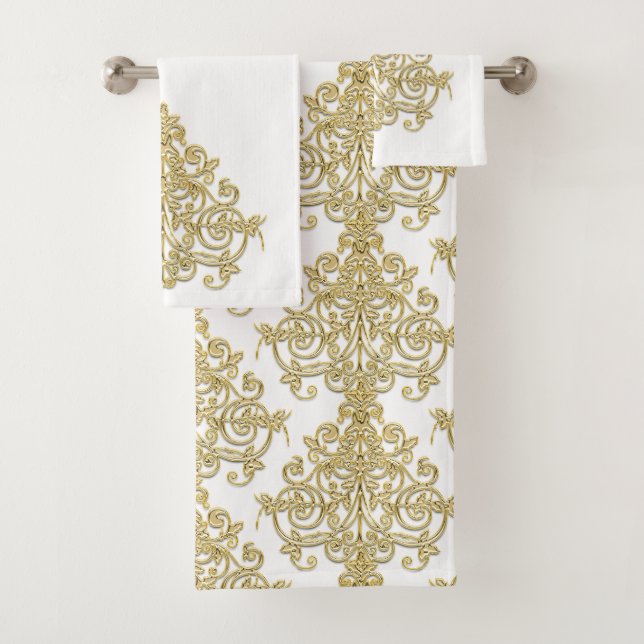 Vintage Gold and White Damask Bath Towel Set (Insitu)