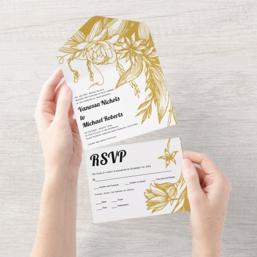 Vintage gold and white line art flowers wedding   all in one invitation