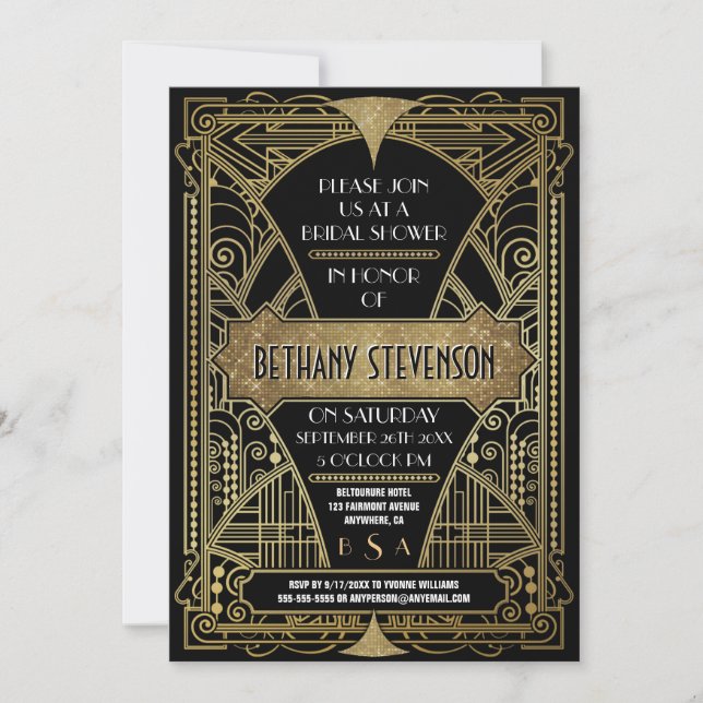 Vintage Gold Art Deco Bridal Shower Invitations (Front)