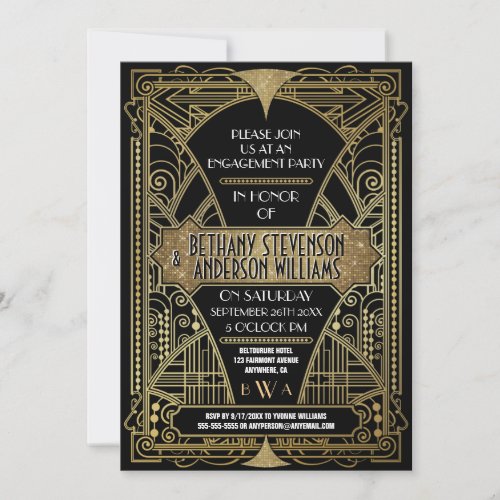 Vintage Gold Art Deco Engagement Party Invitations