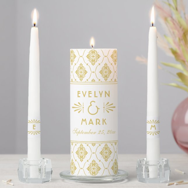 Vintage Gold Art Deco Wedding Monogram Unity Candle Set (In Situ)