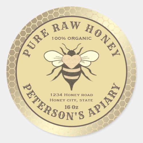 Vintage gold bee logo honeycomb honey jar classic round sticker