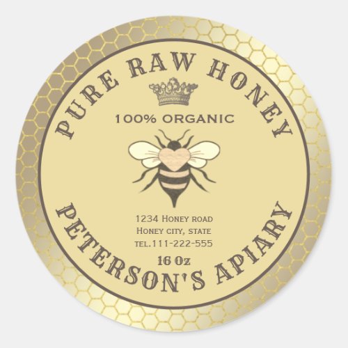 Vintage gold bee logo honeycomb honey jar classic round sticker